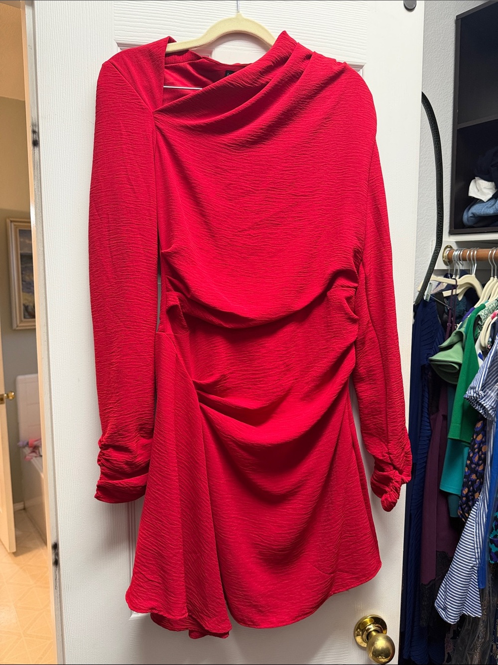 Mango Red Long-Sleeve Draped Mini Dress